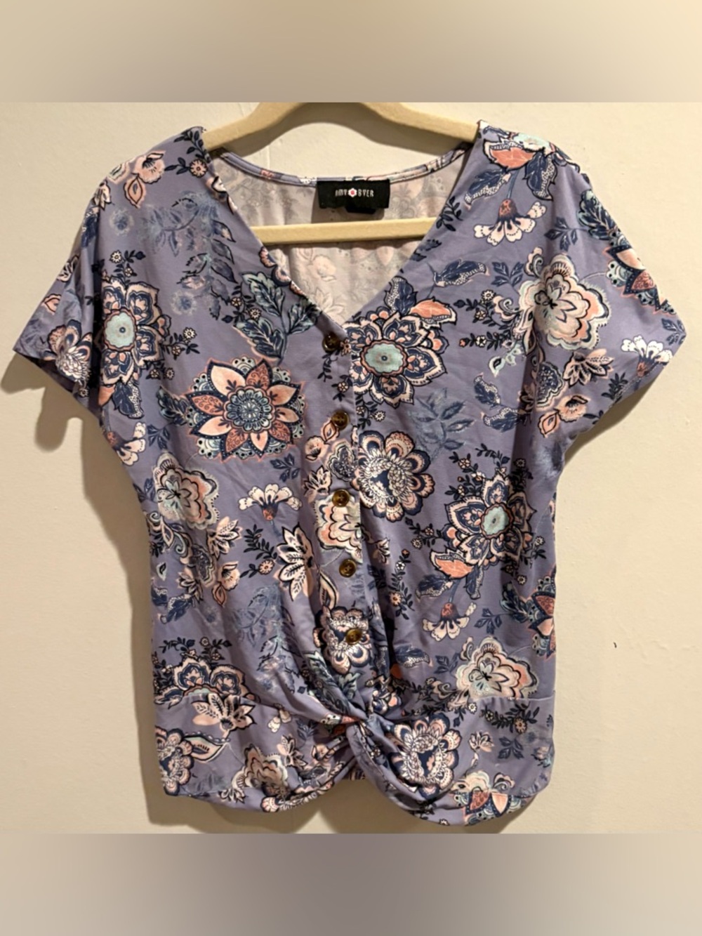 Amy Byer, Floral Lavender Boho Blouse, Short Sleeve, Size M (10/12)